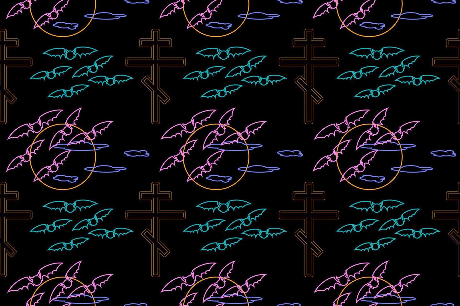 Seamless Halloween pattern featuring neon-style bats, crosses, and clouds against a dark background. Ideal for spooky, eerie designs. vector
