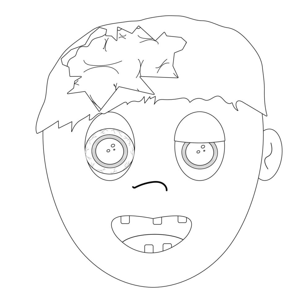Fun and spooky zombie face coloring page, perfect for Halloween crafts and activities. Great for kids and adults who love horror themes. vector