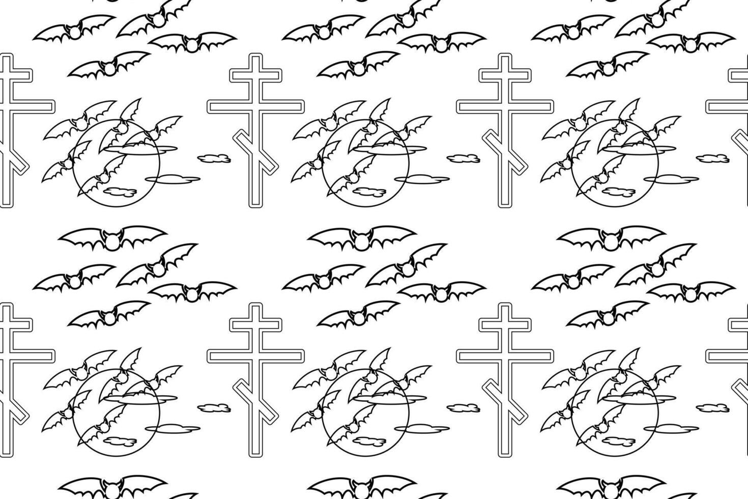 Black and white Halloween-themed pattern with bats, crosses, and a full moon. Perfect for spooky coloring pages or decorations. vector