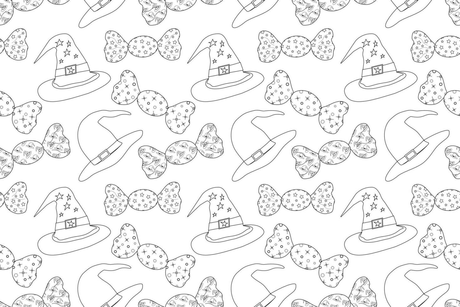 Seamless Halloween coloring pattern featuring witch hats and wrapped candies. Perfect for creative holiday fun and kids activities. vector