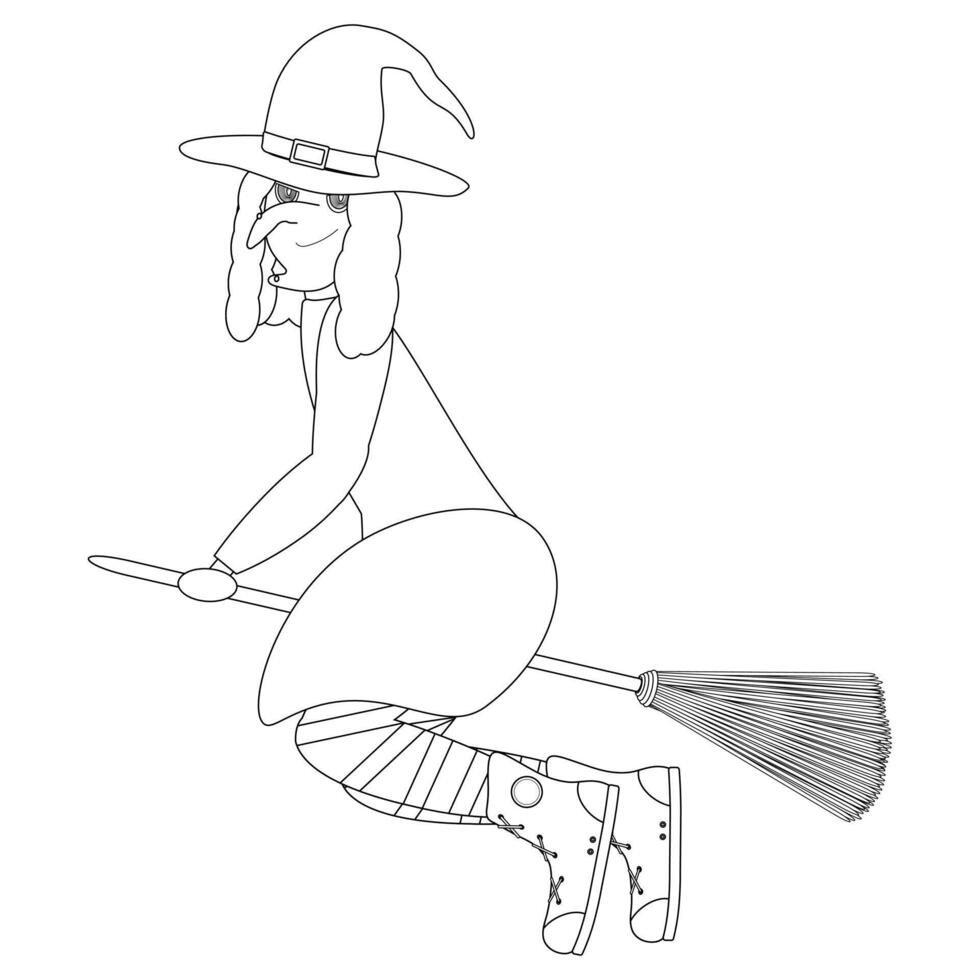 A Halloween-themed coloring page featuring a smiling witch flying on a broomstick. Ideal for kids and adults to color and enjoy. vector