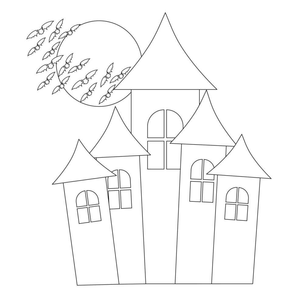 Halloween haunted house silhouette with bats flying across a full moon. Perfect spooky design for Halloween decor and art projects. vector