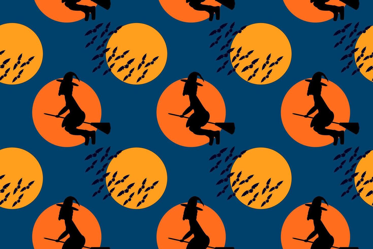 Seamless Halloween pattern featuring witch silhouettes on brooms with bats against a moonlit sky. Perfect for spooky-themed designs. vector
