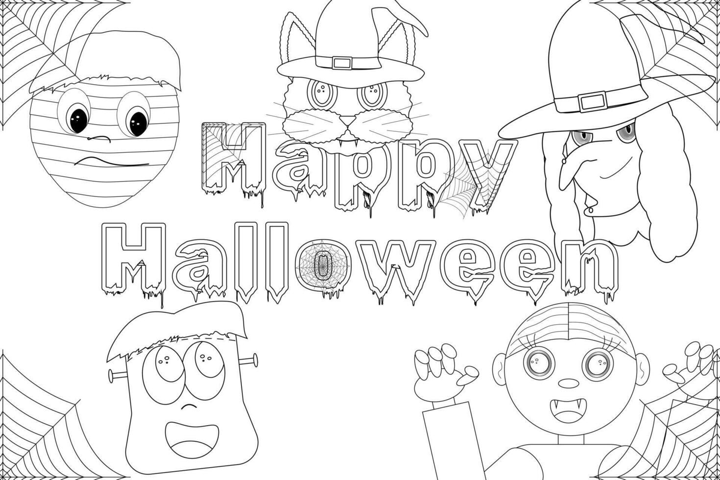 Spooky and fun Halloween coloring page featuring a collection of cute monsters, perfect for kids to color and enjoy Halloween fun. vector