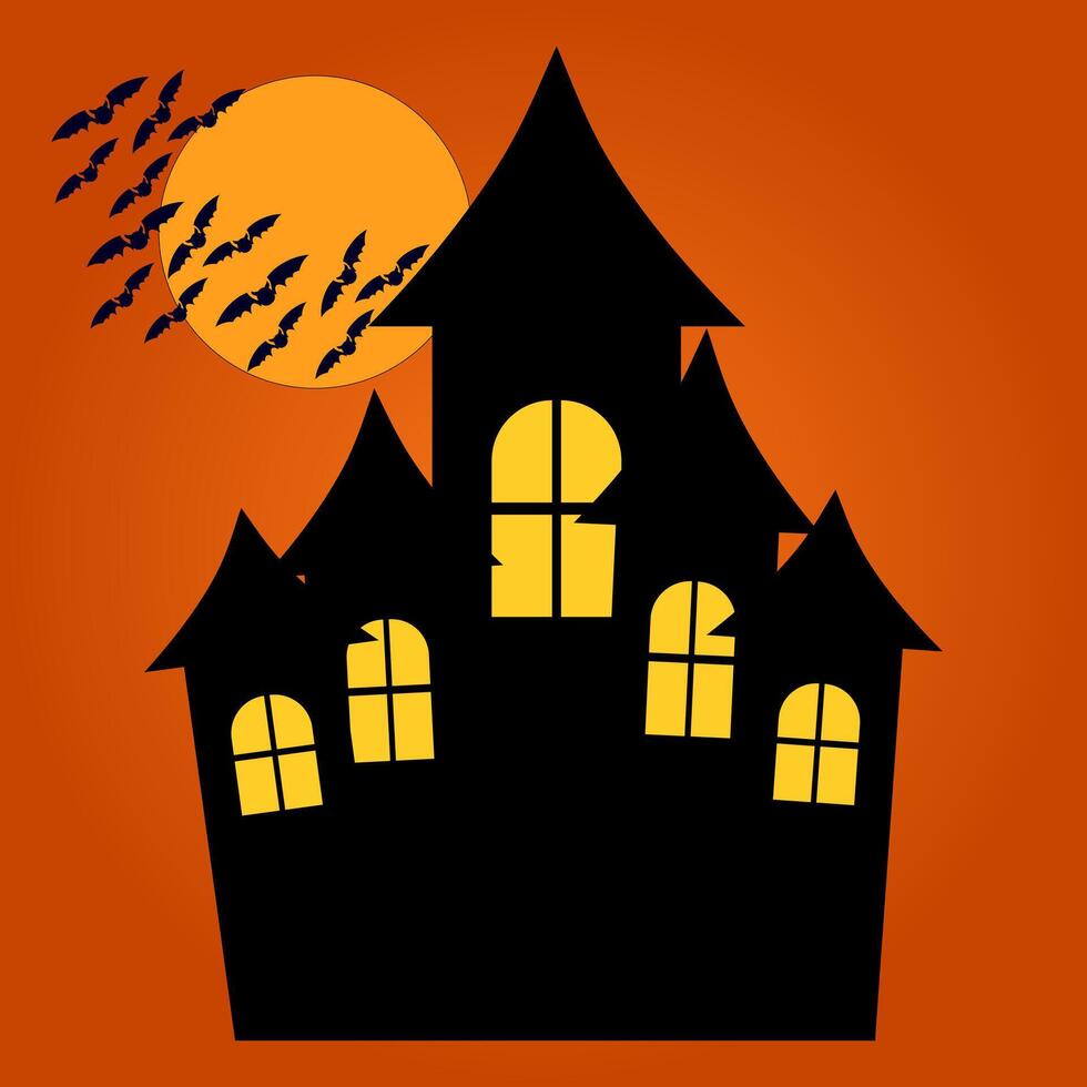 Halloween haunted house silhouette with bats flying across a full moon. Perfect spooky design for Halloween decor and art projects. vector