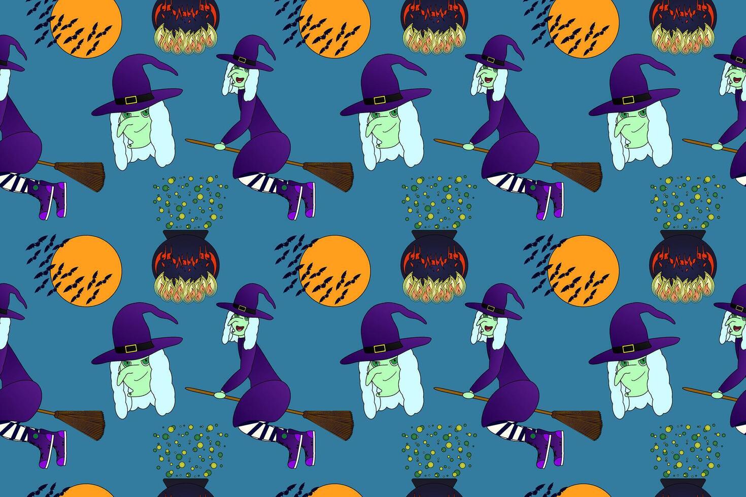 Seamless Halloween pattern featuring witches on brooms, bats, cauldrons, and a spooky full moon. Perfect for festive backgrounds and decorations. vector