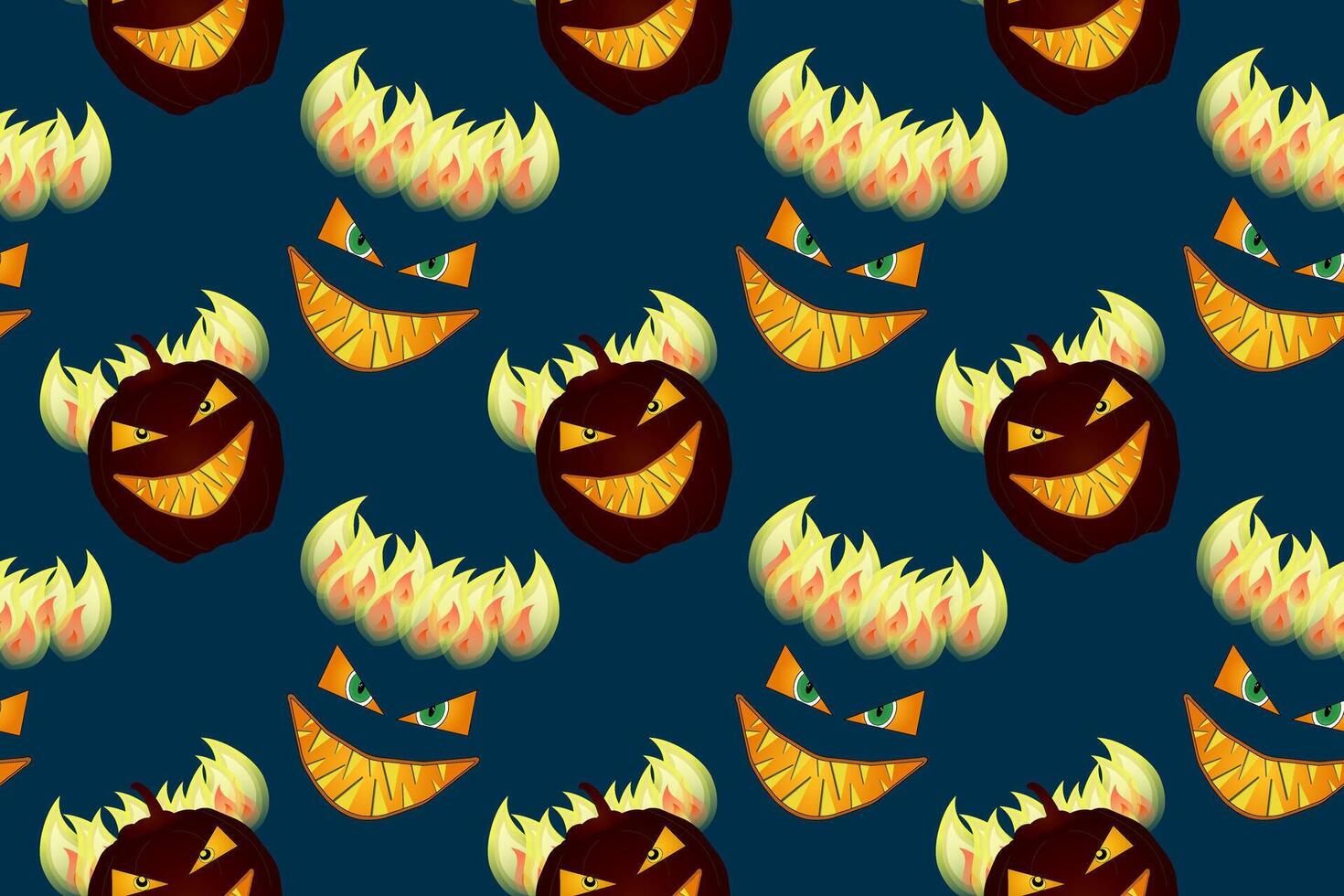 Seamless Halloween pattern featuring flaming pumpkin demons with eerie grins. Perfect for spooky designs, fabrics, or backgrounds. vector