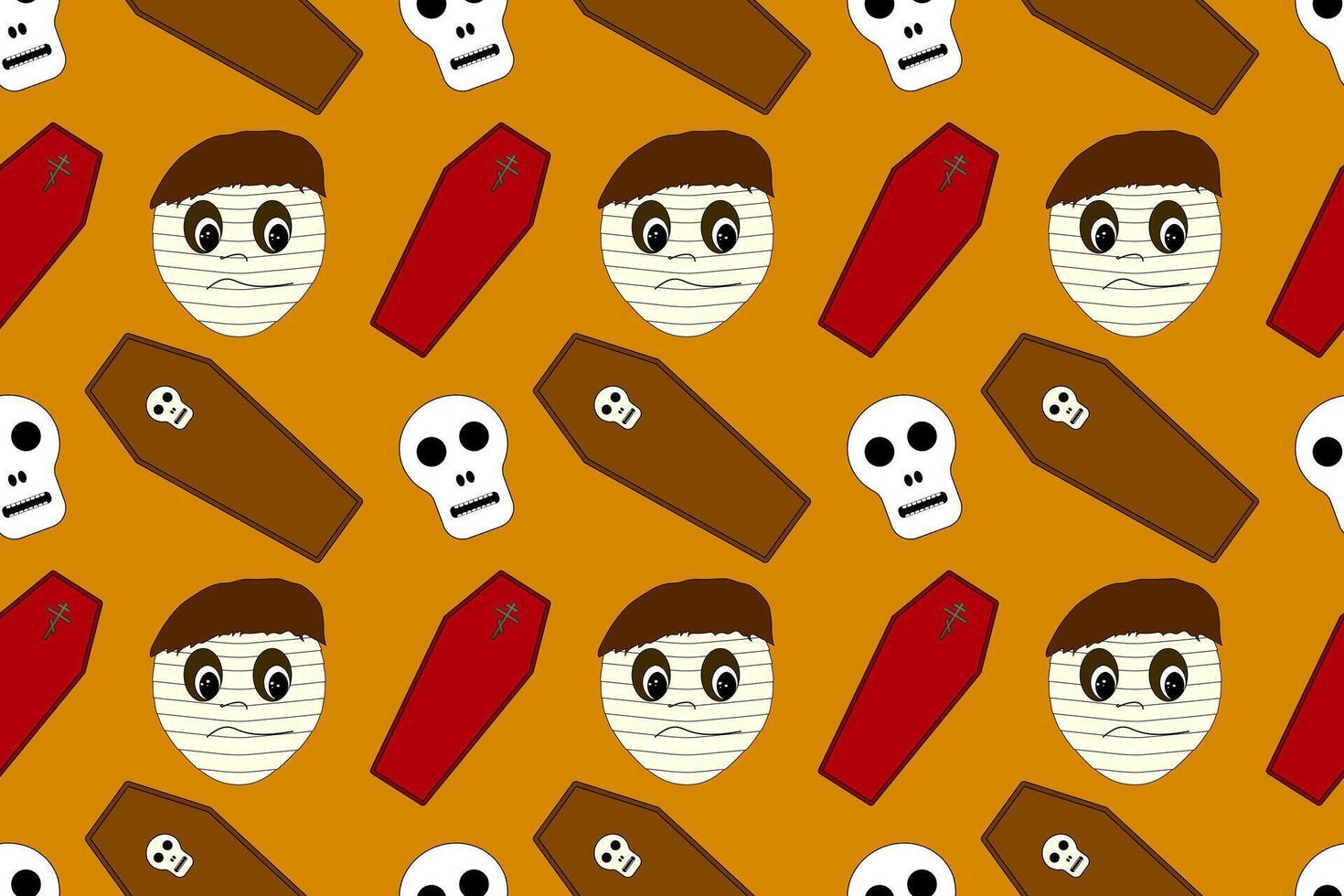 Seamless Halloween pattern with mummies, skulls, and coffins on an orange background. Ideal for holiday designs, wrapping paper, and decor. vector