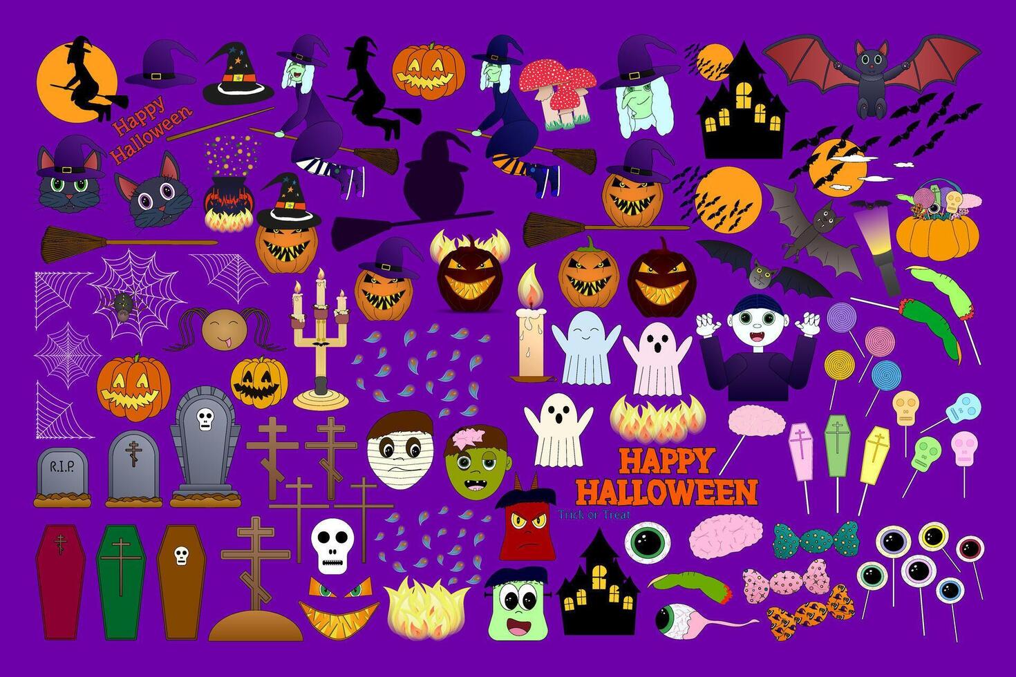 Colorful Halloween set featuring witches, pumpkins, ghosts, bats, gravestones, candies, and more. Perfect for festive designs and decor. vector