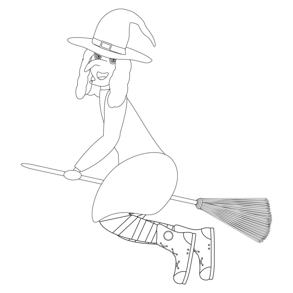 A Halloween-themed coloring page featuring a smiling witch flying on a broomstick. Perfect for kids and adults to color and enjoy. vector