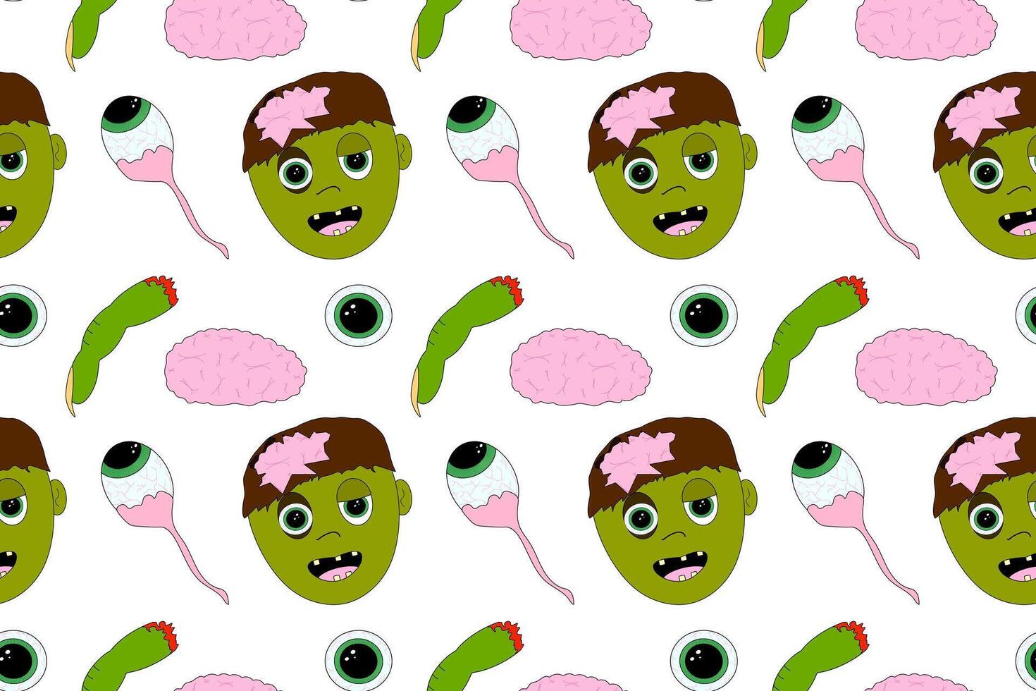 A seamless Halloween pattern featuring cartoon zombies, brains, eyeballs, and limbs. Perfect for spooky-themed designs and decorations. vector