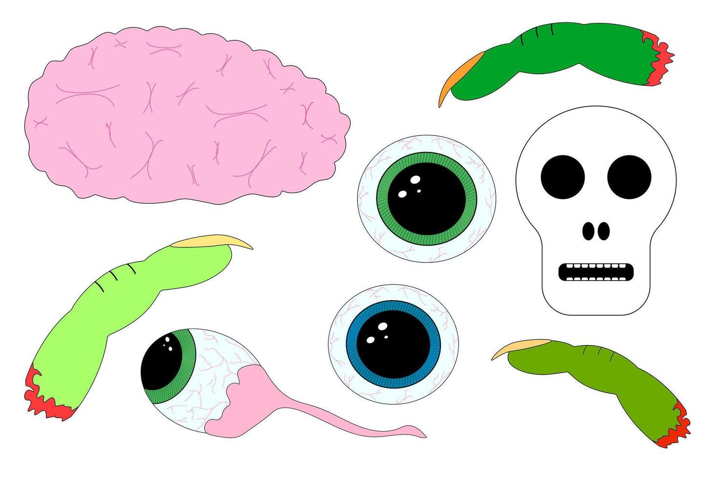 A spooky set featuring Halloween-themed body parts, including eyes, brains, skulls, and claws. Perfect for Halloween designs and decor. vector