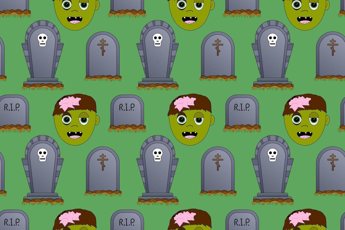 Cartoon seamless pattern featuring zombie faces and tombstones on a green background. Perfect for Halloween-themed designs and decorations. vector