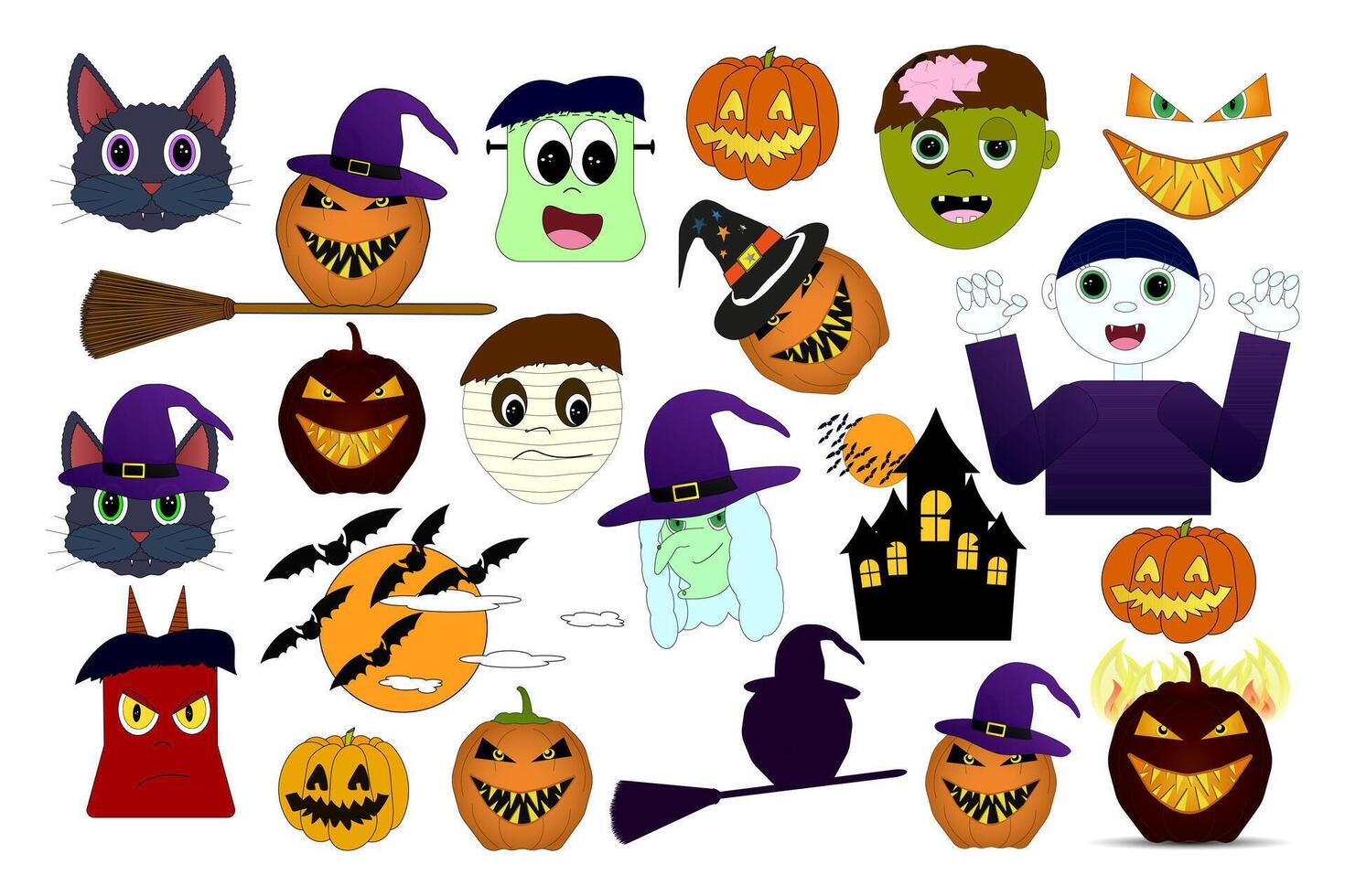 A fun and spooky collection of cartoon monsters, pumpkins, witches and other Halloween-themed characters. Perfect for decor and crafts. Set for Halloween. vector