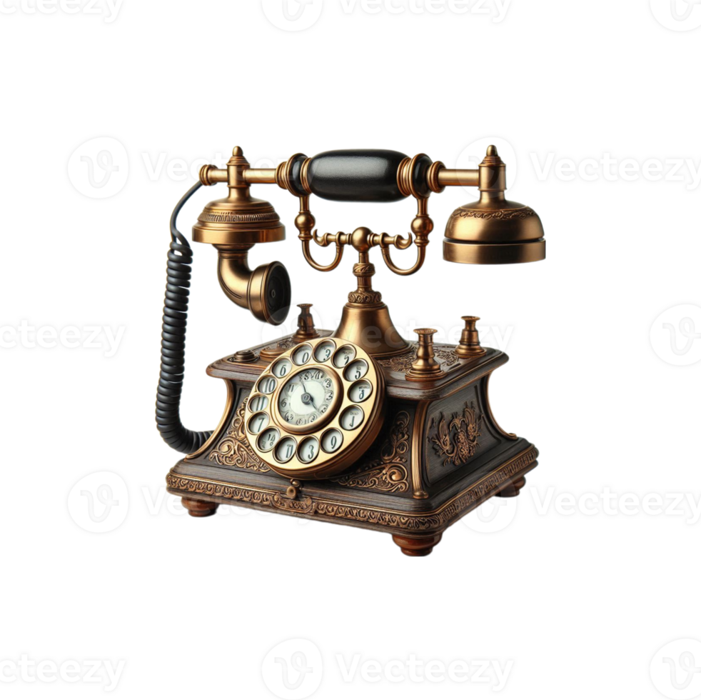 An old fashioned telephone with a clock on the base and a bell on top png