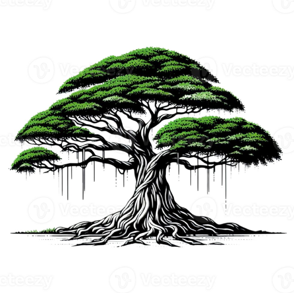 stylized illustration of a large tree with a thick, gnarled trunk and extensive root system. png