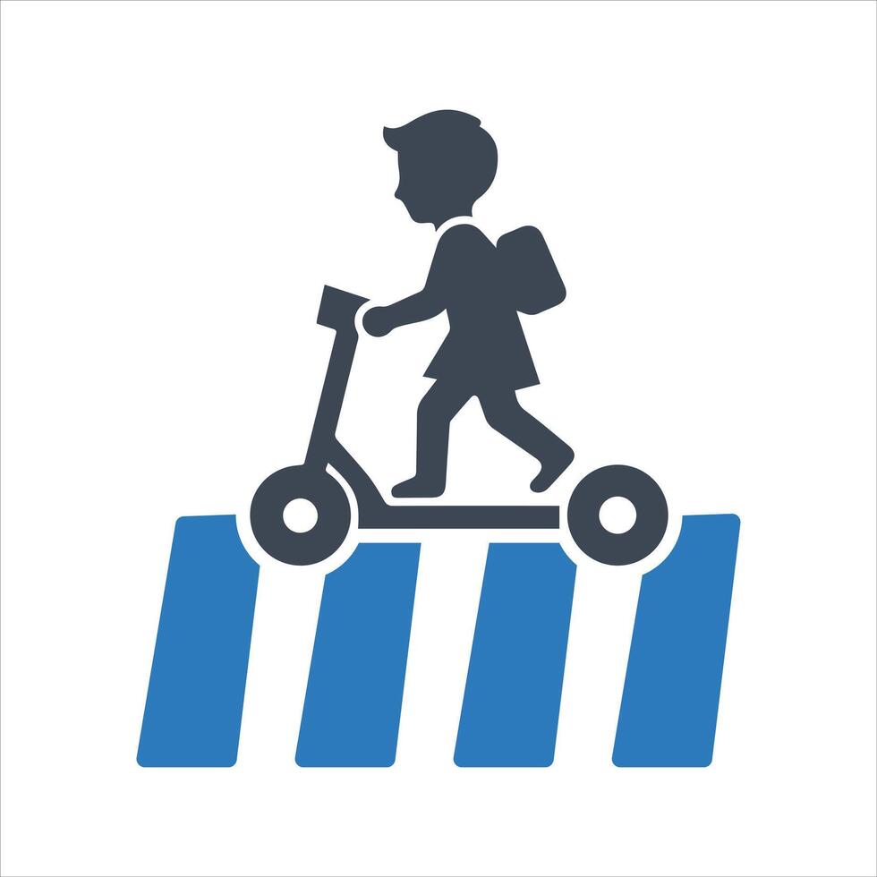 Children crossing icon. Zebra crossing. Riding a scooter icon vector
