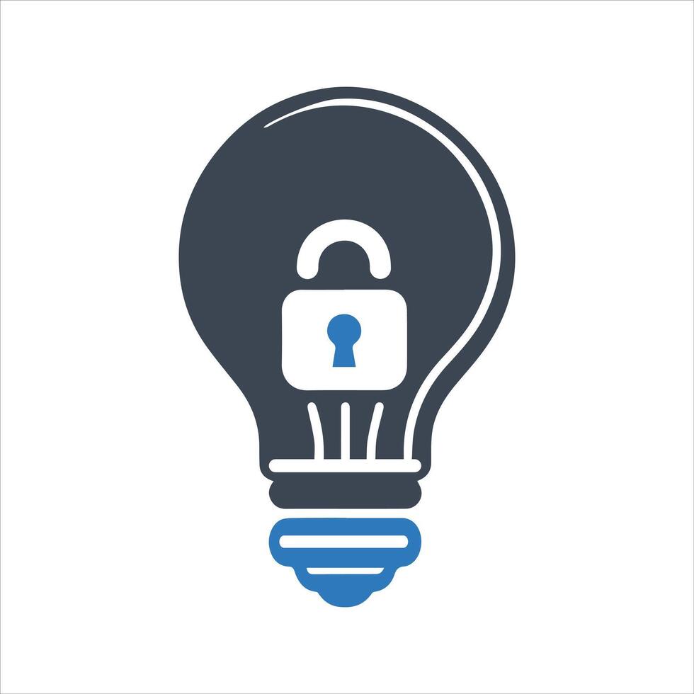 Protected light bulb icon. Patented solution locked icon vector