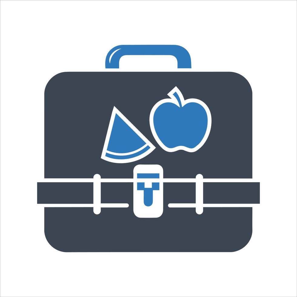 Lunch box icon. Lunch box with sandwich, bottle of water and fruit icon vector