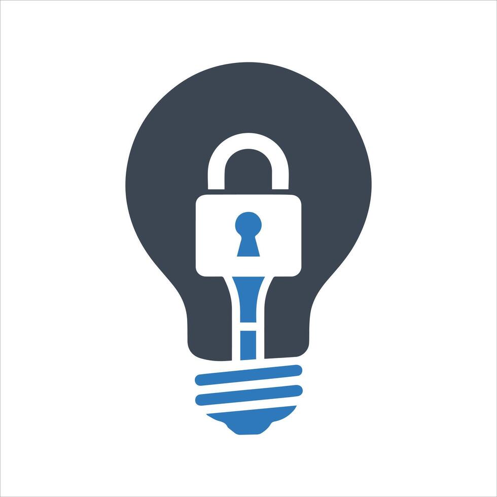 Protected light bulb icon. Patented solution locked icon vector