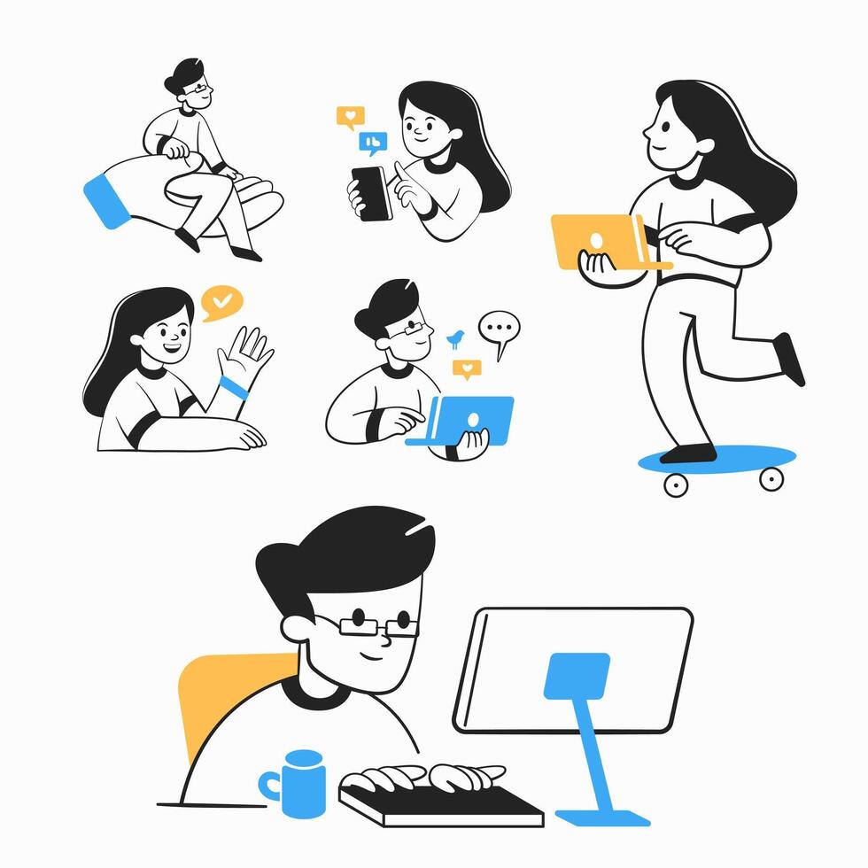 A set of icons about social networks, likes on a smartphone, replies via a laptop, etc. vector