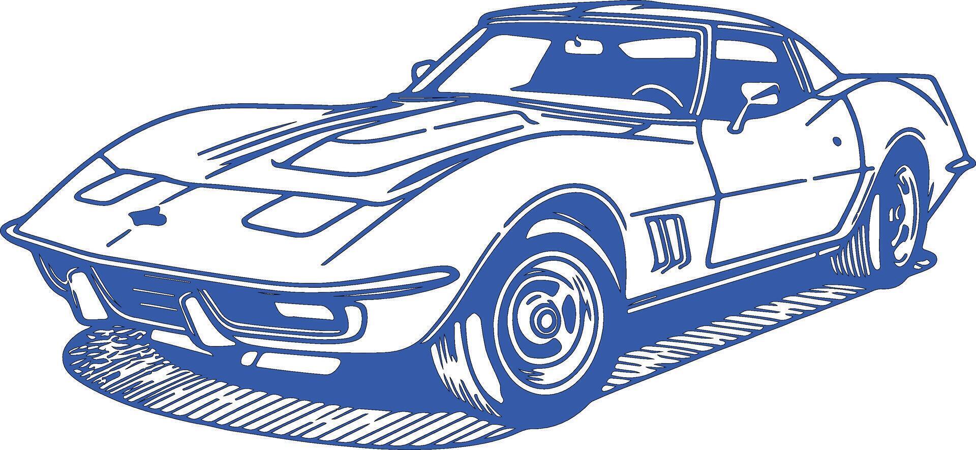 A blue and white drawing of a classic car vector