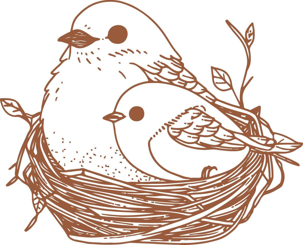 Cartoon mother bird with her baby in the nest vector