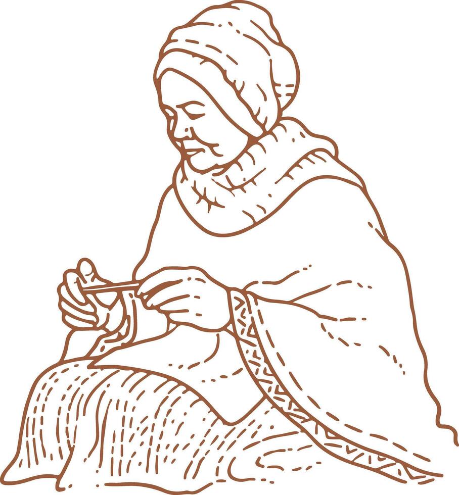 Indian Grand Mother knitting a woolen scarf or sweater vector