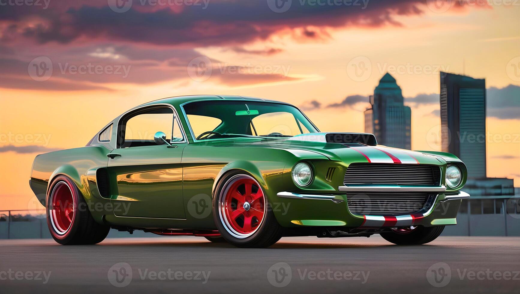 Beautiful unique green vintage hot rod car parked in the street , automotive background, tuning template, auto transport photo