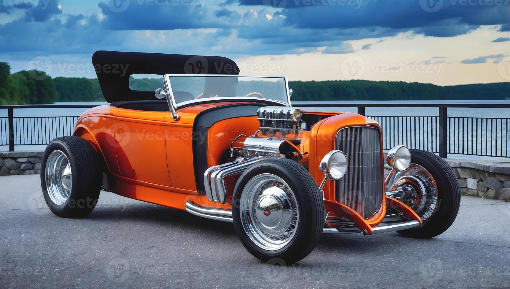 Beautiful unique orange vintage hot rod car parked in the street , automotive background, tuning template, auto transport photo