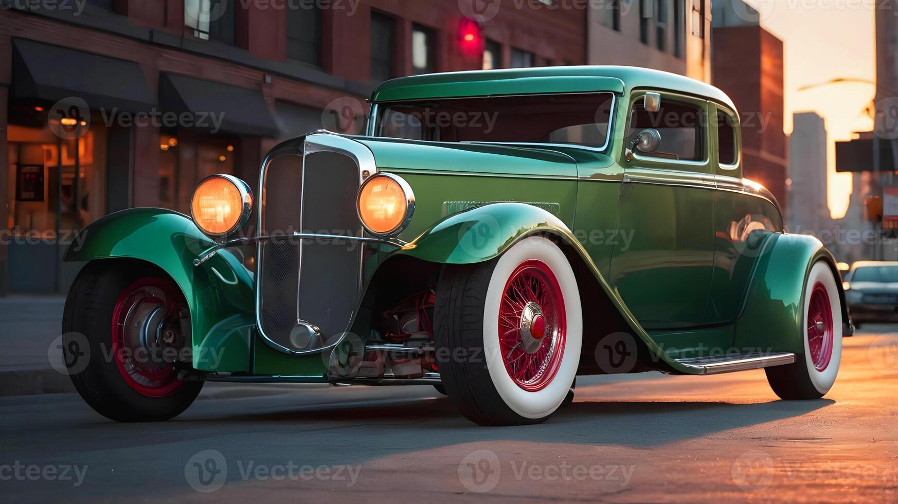 Beautiful unique green vintage hot rod car parked in the street , automotive background, tuning template, auto transport photo