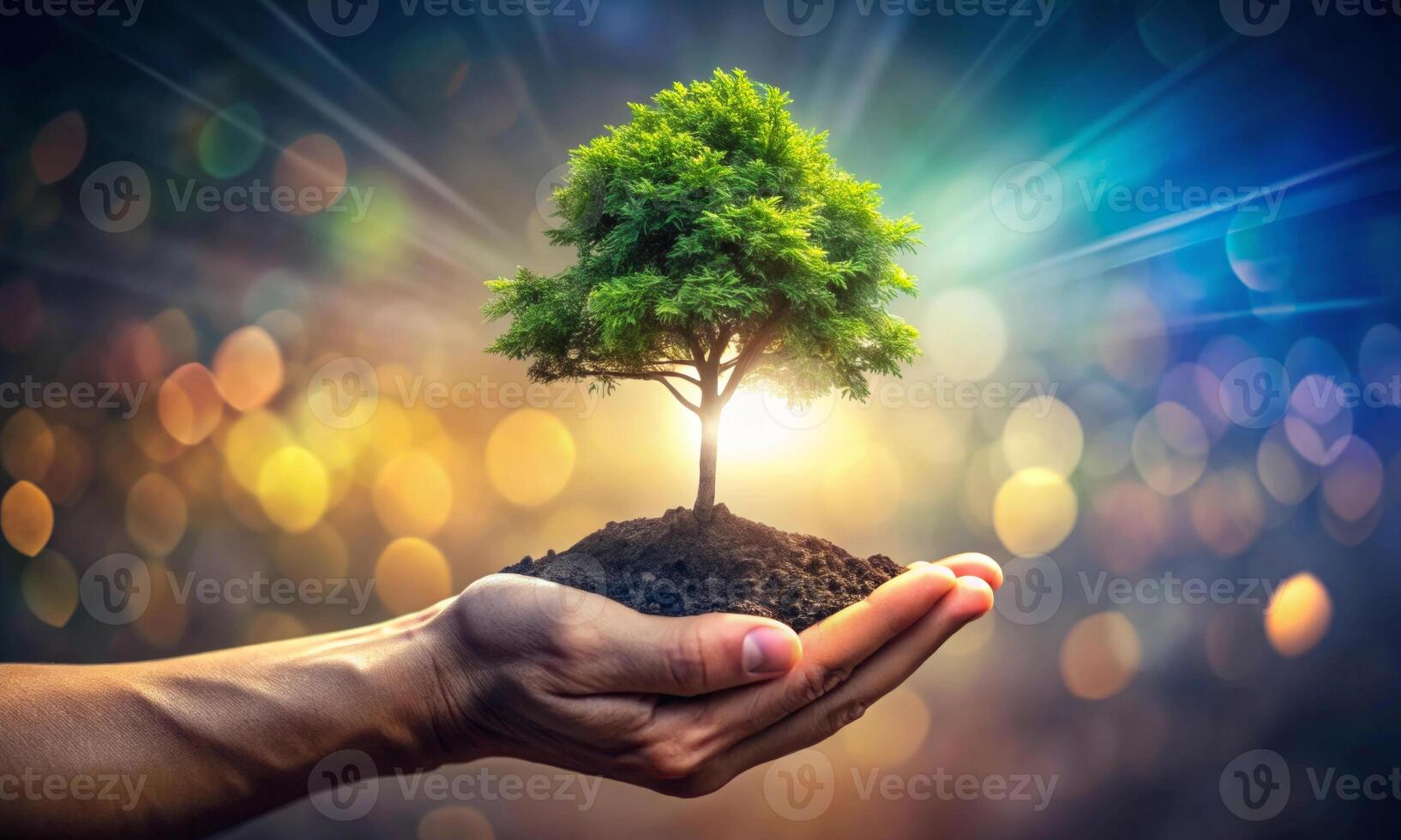 The open palm of a man holds a green tree photo