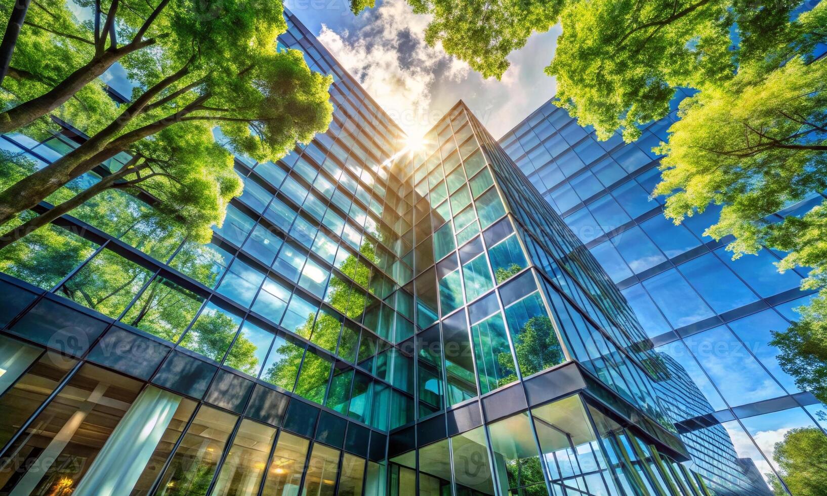 Bottom view of a glass office building surrounded by trees photo