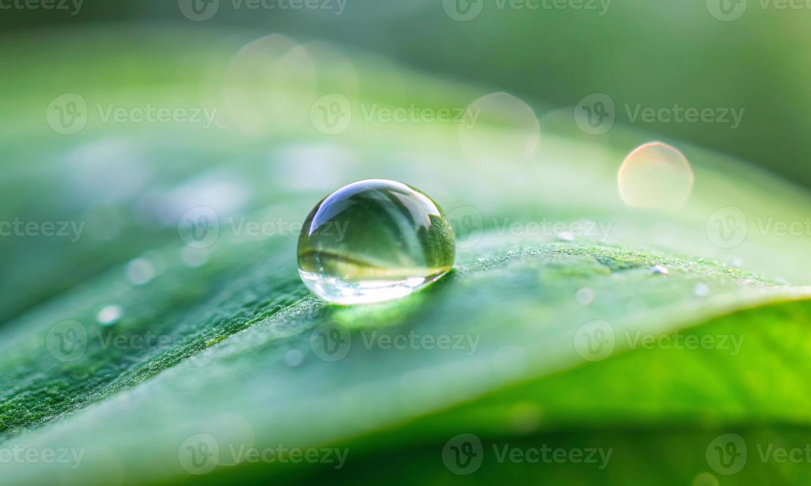 Close-up of a dew drop on a green leaf photo