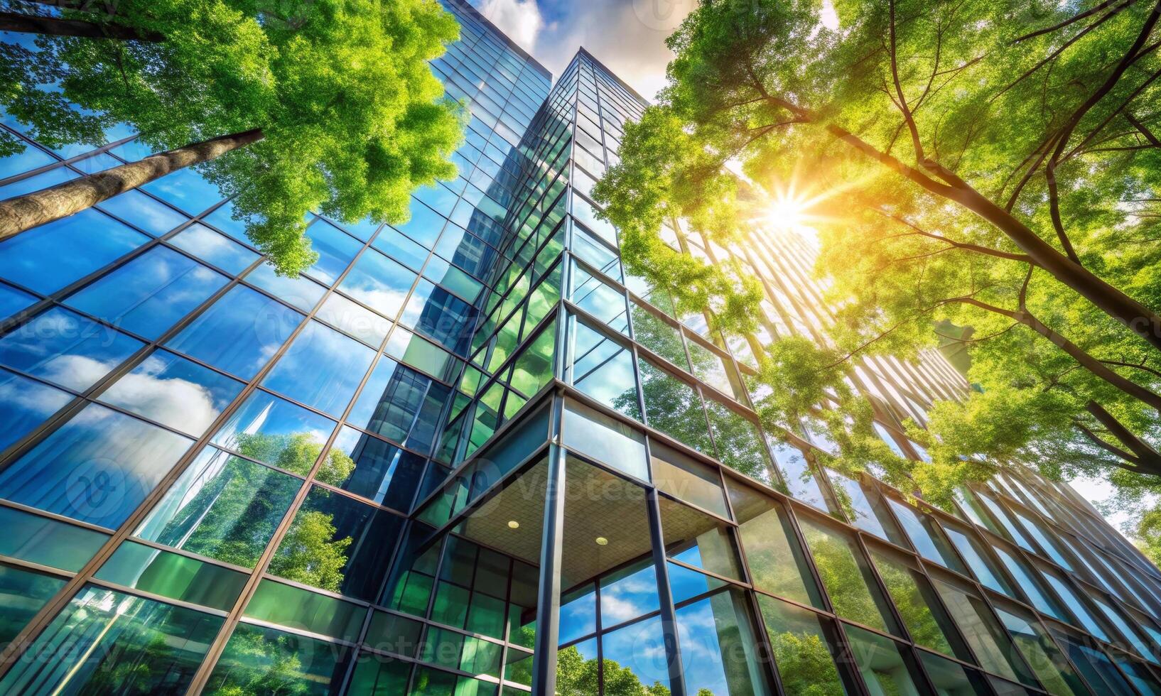 Bottom view of a modern office building surrounded by trees photo