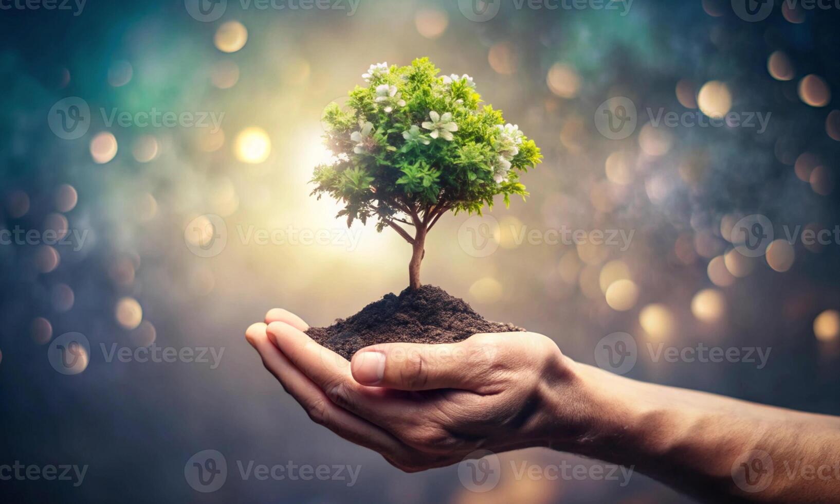 Open palm of a man holding a blossoming tree photo