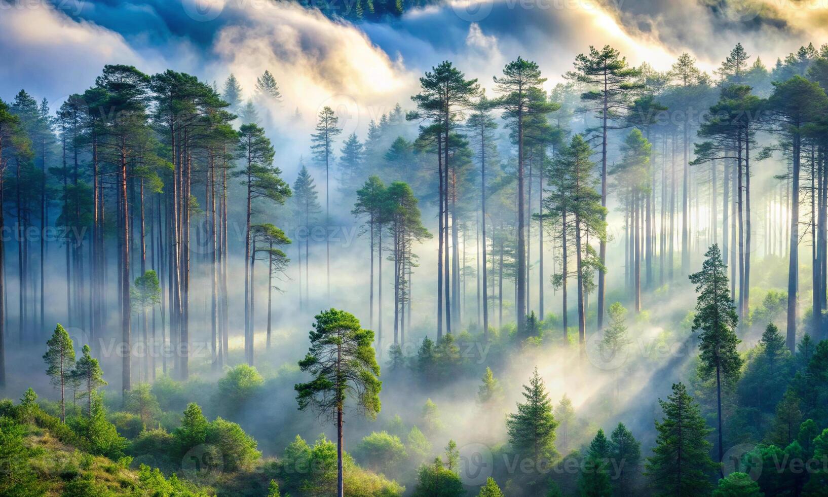 The rays of the sun break through the fog in the forest photo