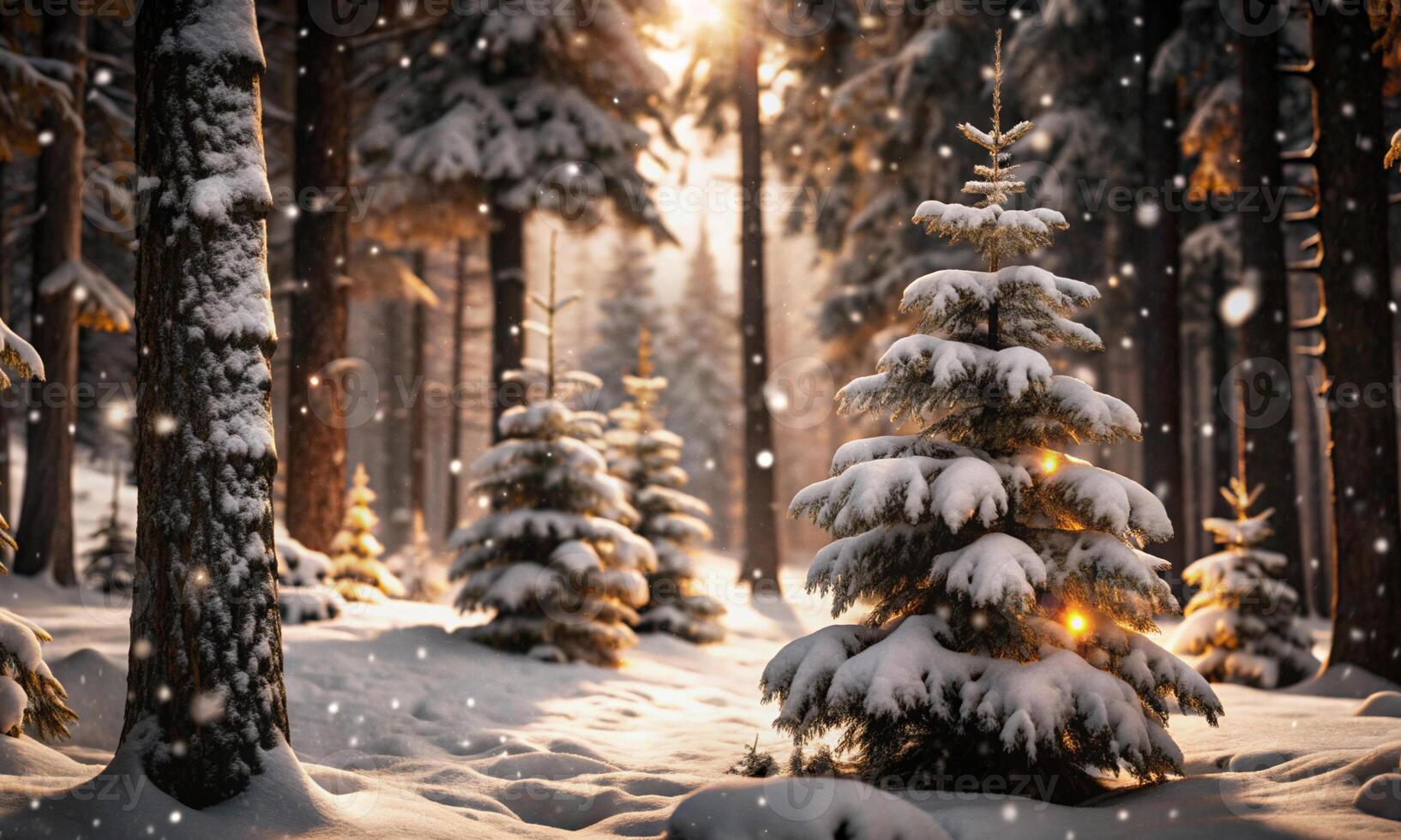 Snowfall and lights in a fabulous pine winter forest photo