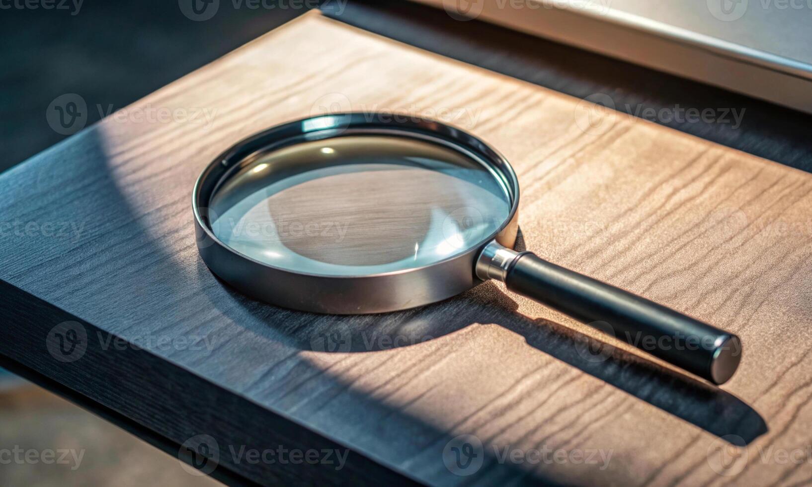 A magnifying glass magnifier lies on a wooden surface photo