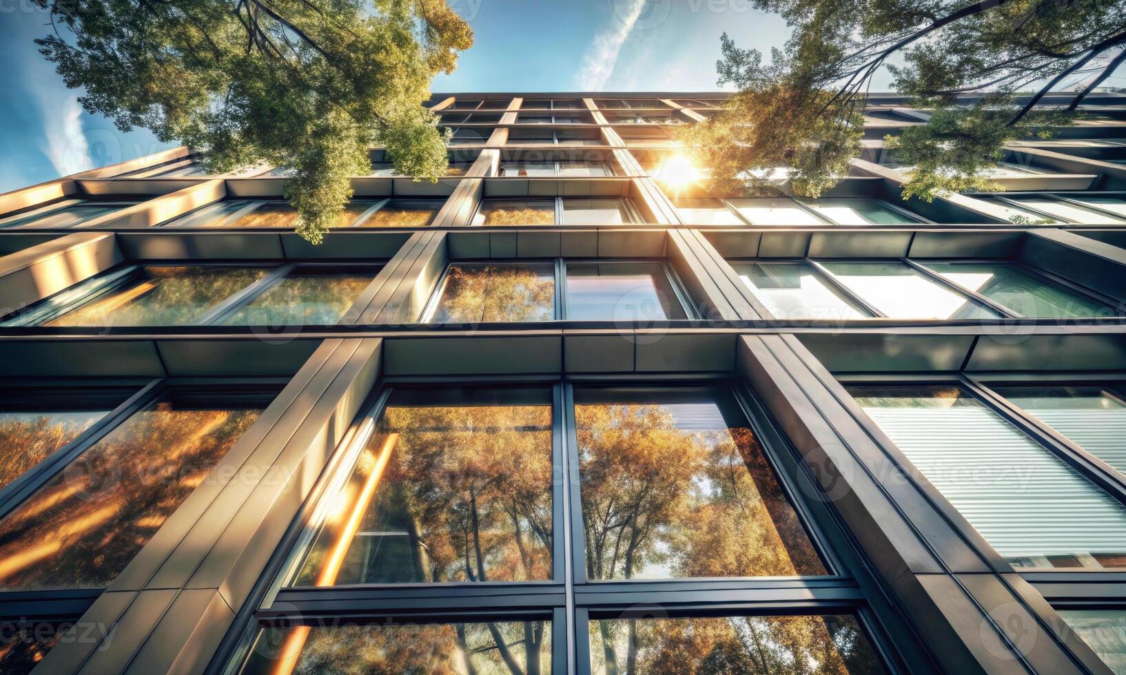 Bottom view of the windows of an office building photo