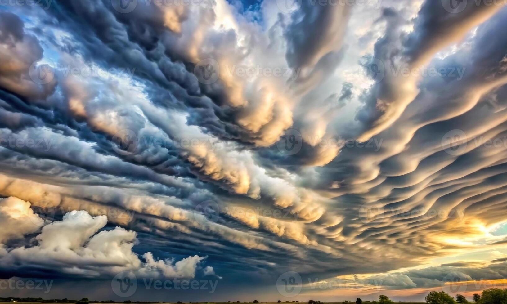 Cloudy sky with gloomy cumulus clouds illuminated by the setting sun photo