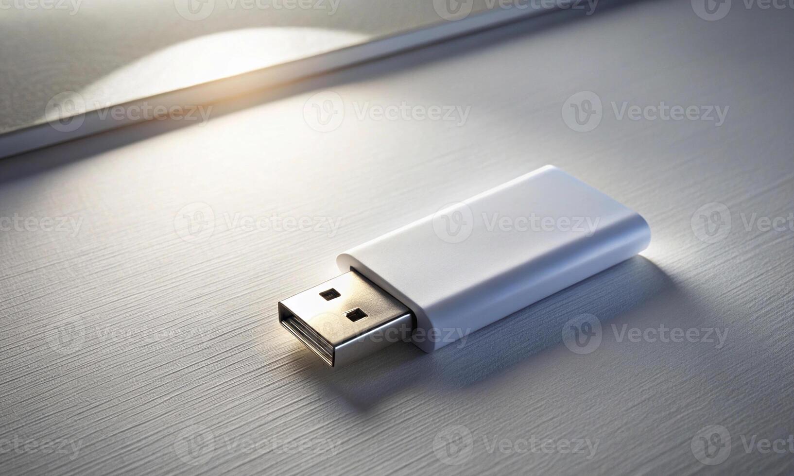 The white flash drive lies on a light surface photo