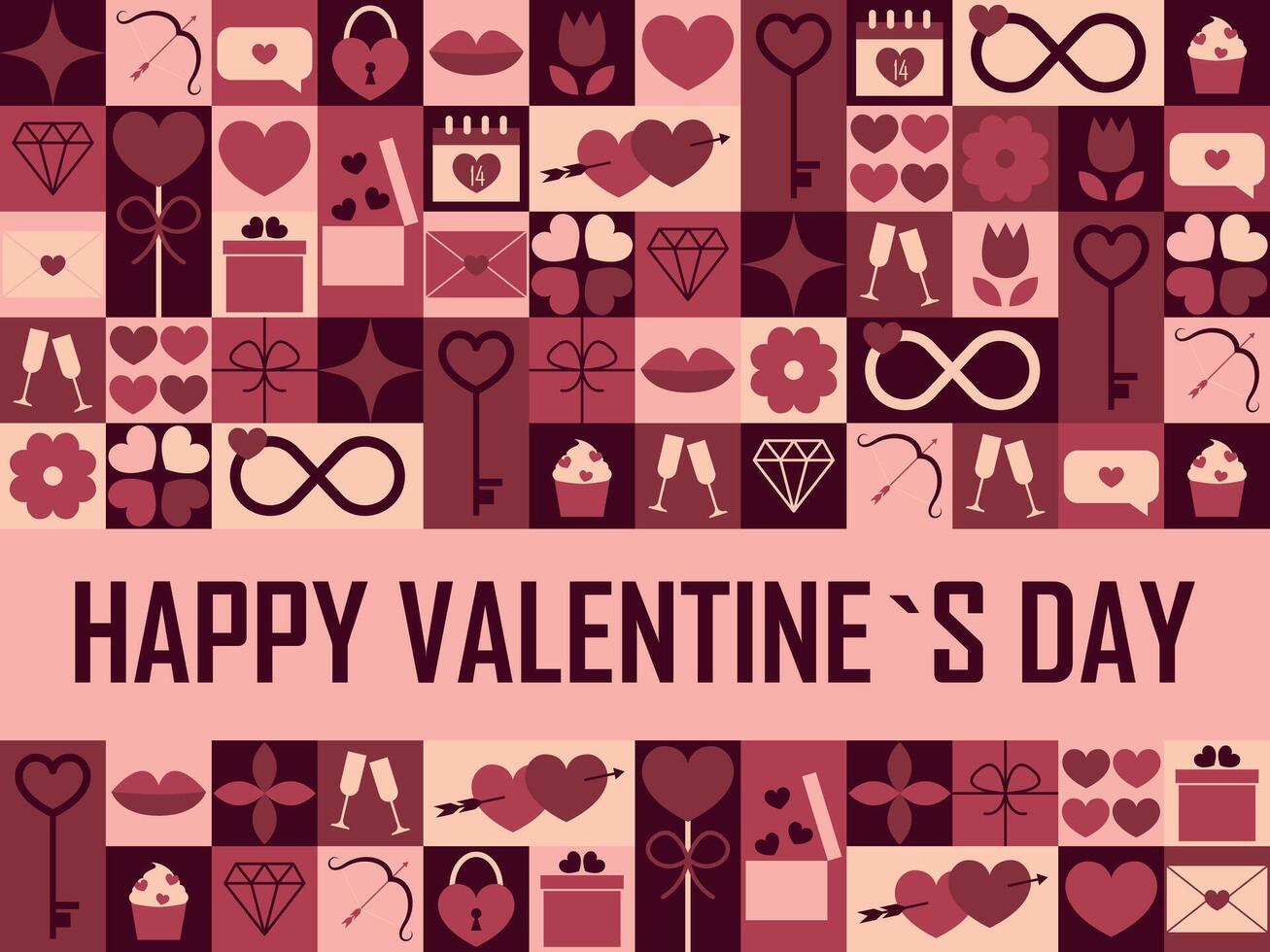 Valentines Day modern background with geometric pattern. Festive background with abstract mosaic pattern with hearts, flowers, gifts and lips. illustration vector