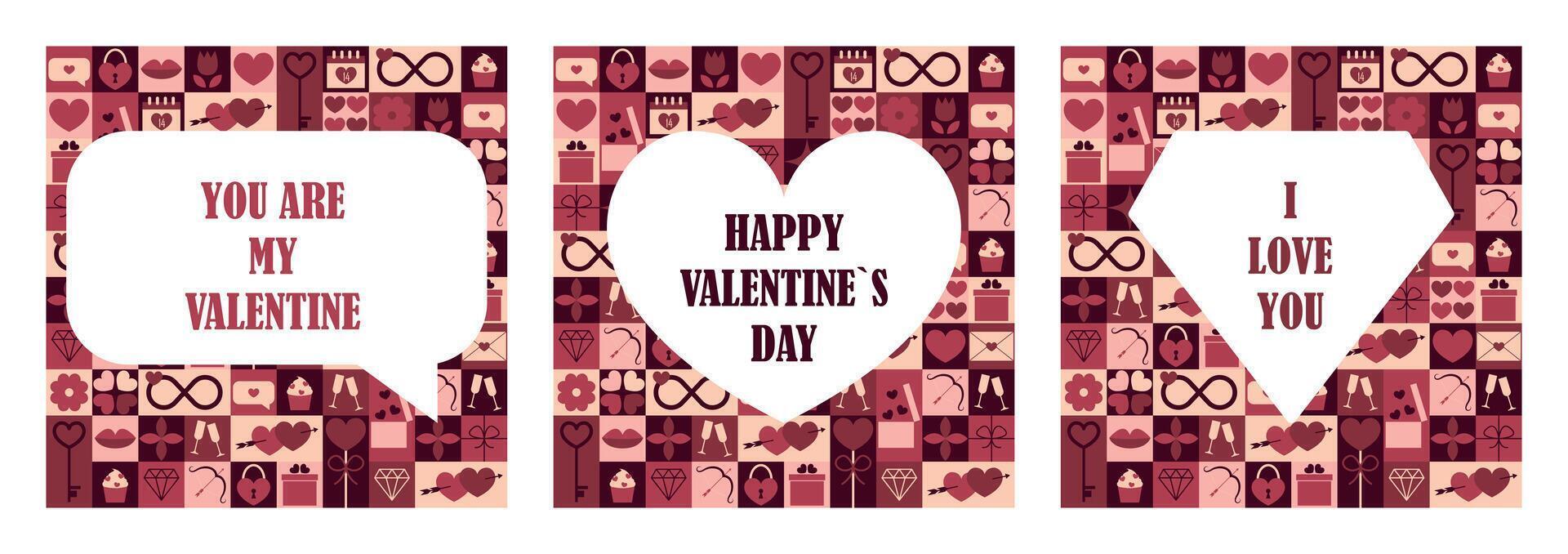Set cards of abstract geometric shapes and text. Creative concept of Happy Valentines Day. Trendy design for card or poster, advertising, sales, branding. illustration vector