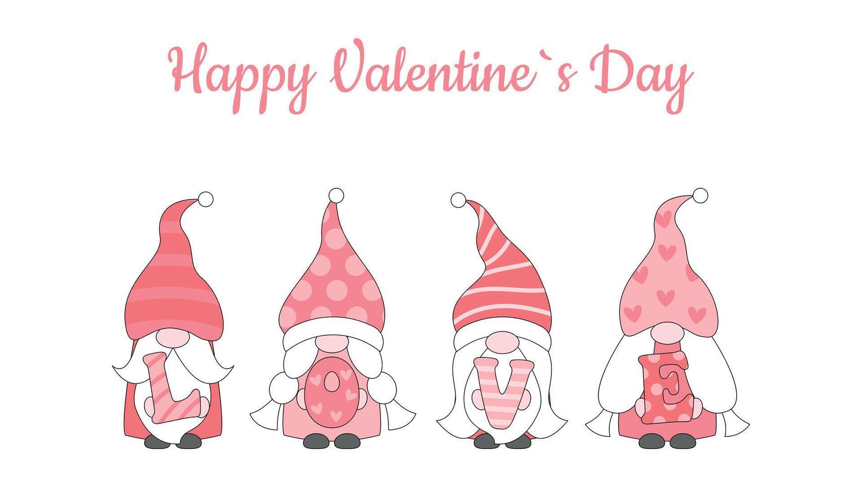 Greeting card for Valentines Day. Four sweet gnomes with the letters love. illustration vector