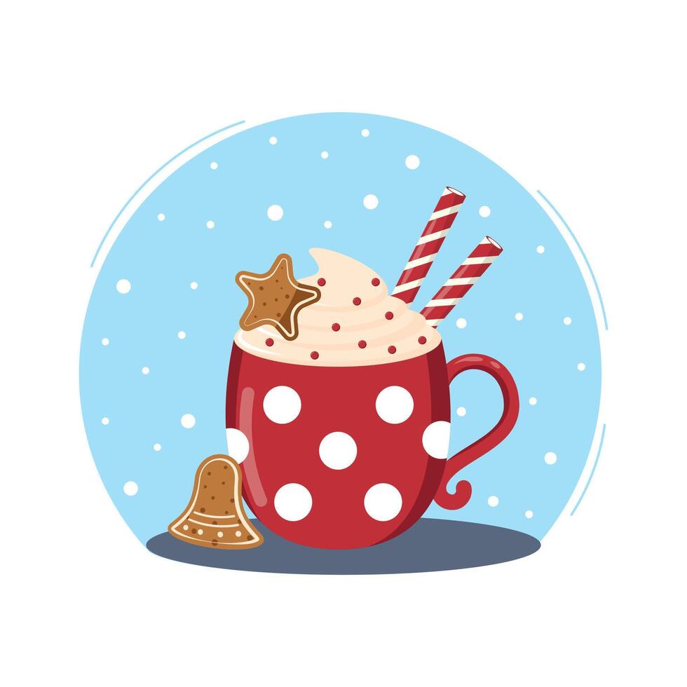 Winter cup of hot chocolate or hot cocoa with polka dot design. Red mug with coffee, Christmas candies and cream. Flat design elements. Winter season illustration. illustration vector