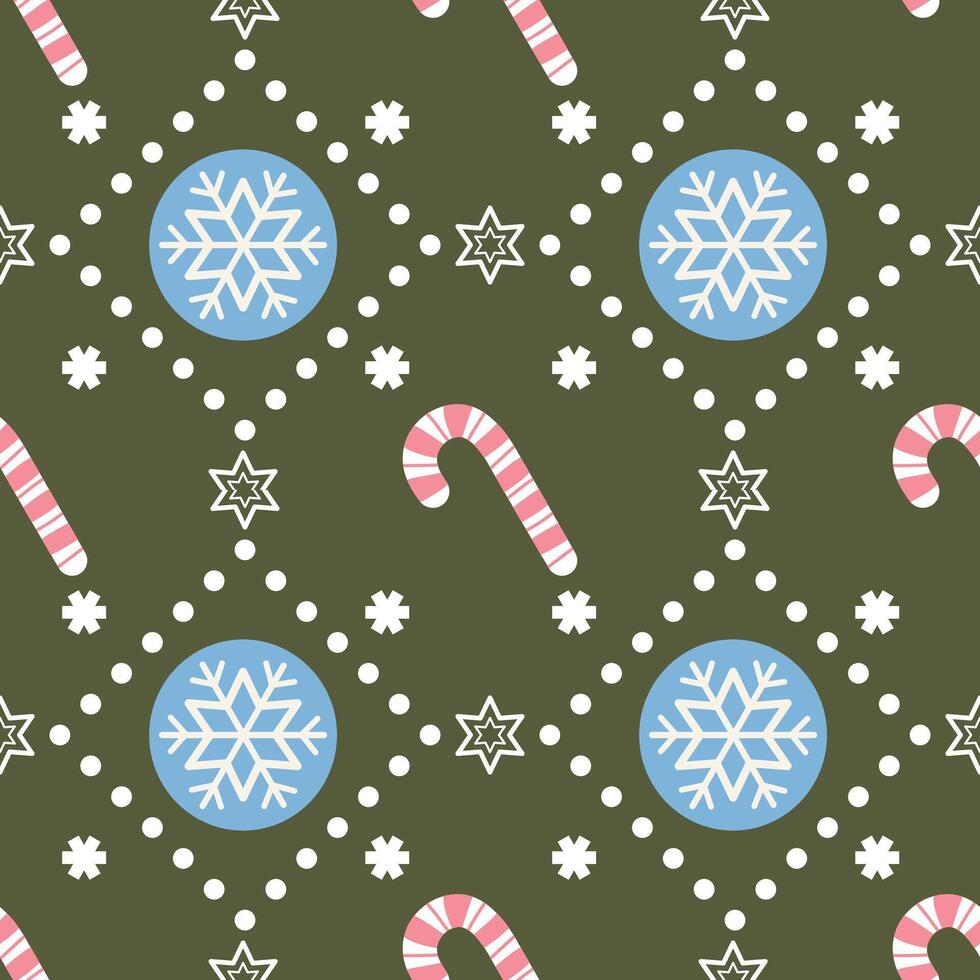 Christmas Holiday seamless pattern cozy elements, Candy cane, snowflakes, Snowball, Star, festive decorations on a green background. Perfect for greeting cards, wallpapers, and cheerful seasonal decor vector