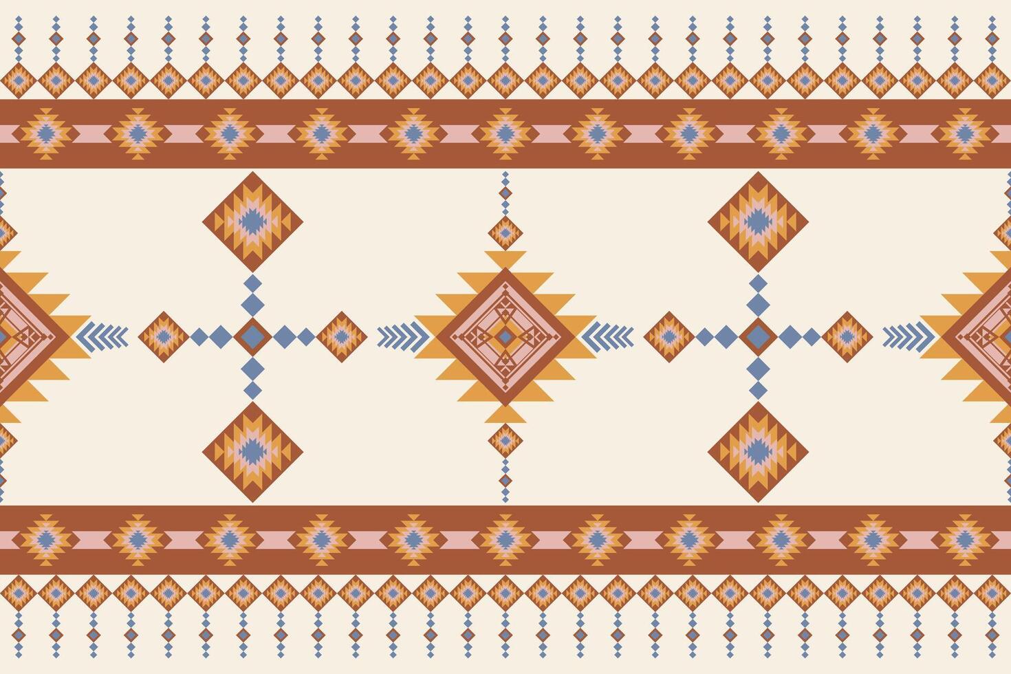Geometric and cultural Southeast Asian ikat and Navajo-inspired pattern featuring aztec and tribal motifs in earthy tones, perfect for wallpaper, vintage carpets, and home decor vector
