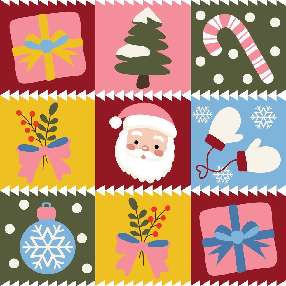 Charming cozy Christmas seamless pattern featuring cute pink Santa, snowflakes, gift box, decorative holiday designs. greeting cards, wallpapers, and festive backgrounds, joyful winter season spirit vector
