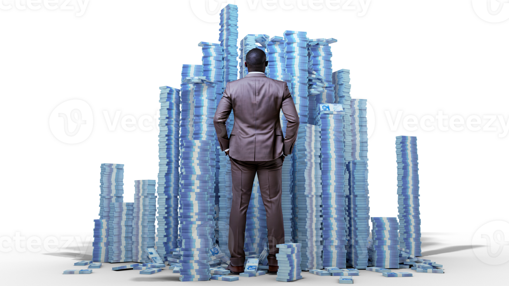 Rich African businessman with hands in pocket standing and and facing huge stacks of Nigerian Naira notes. Business man looking at alot of piled bundles of money isolated on transparent background png